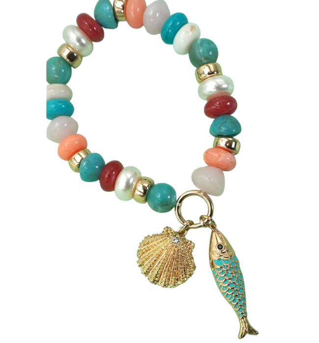 Multi Pearl Stone Mix Beaded Gold Fish Bracelets