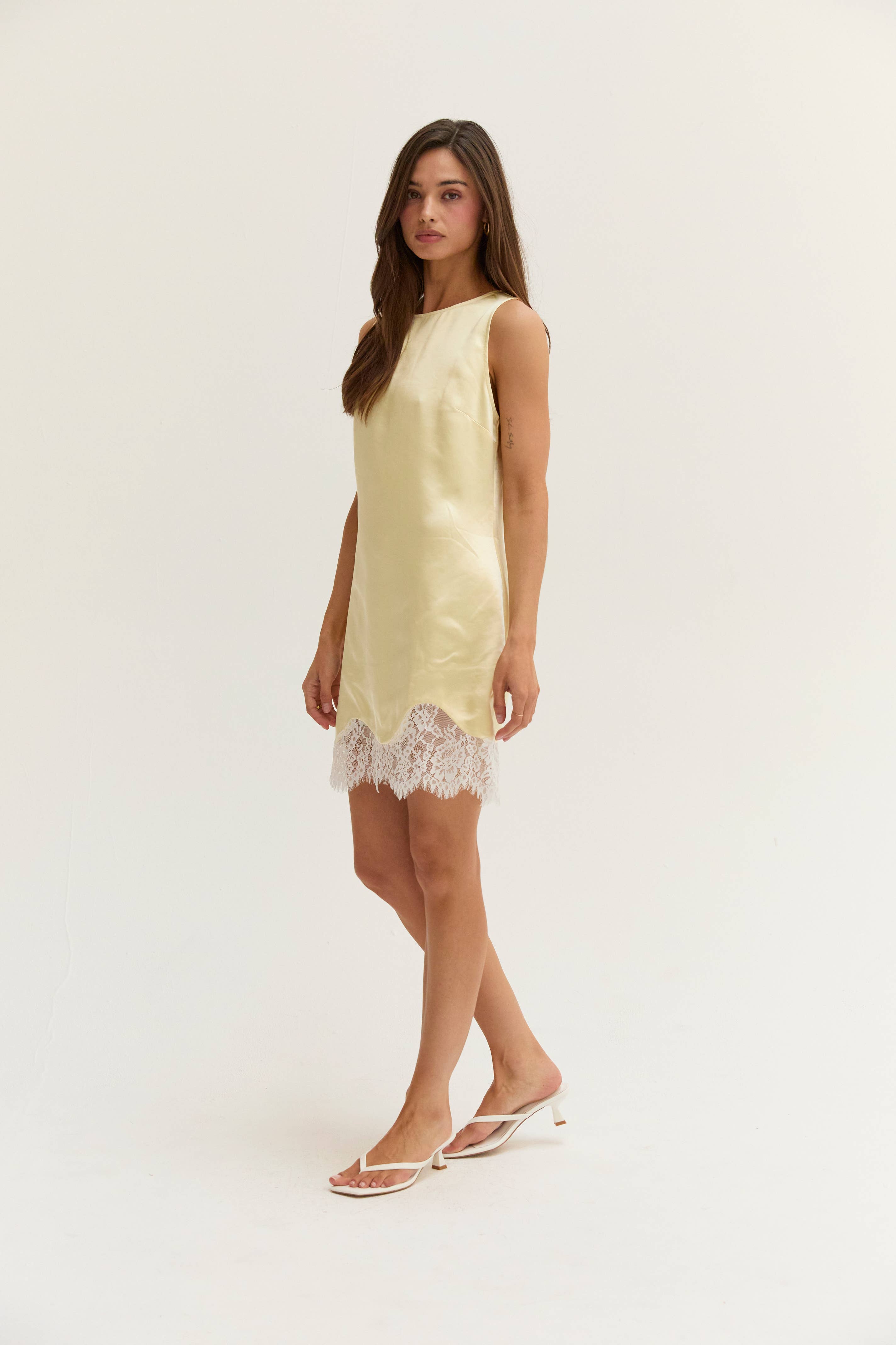 Amber Satin Mini Dress With Lace Trim