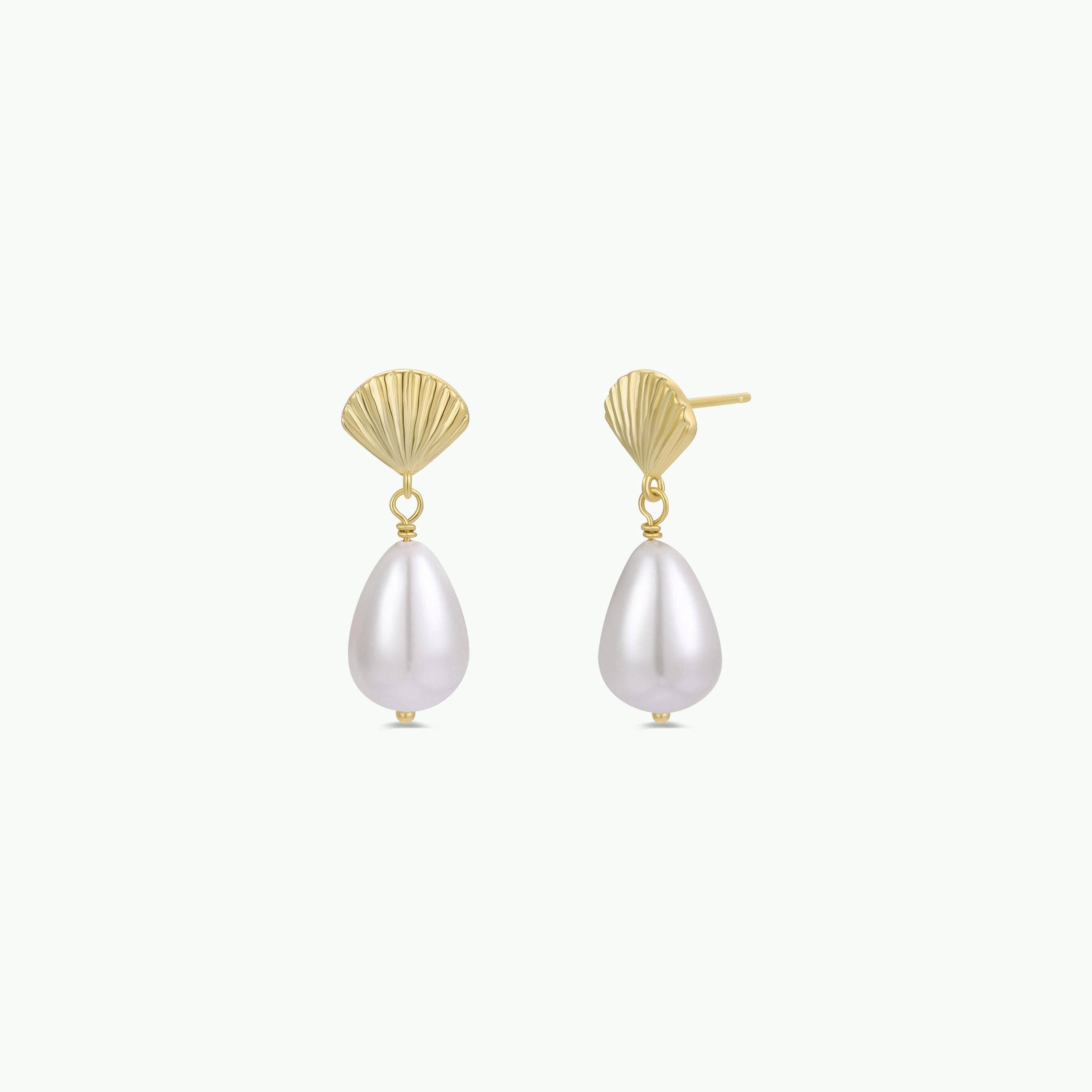 Seashell Pearl Drop Gold Earrings