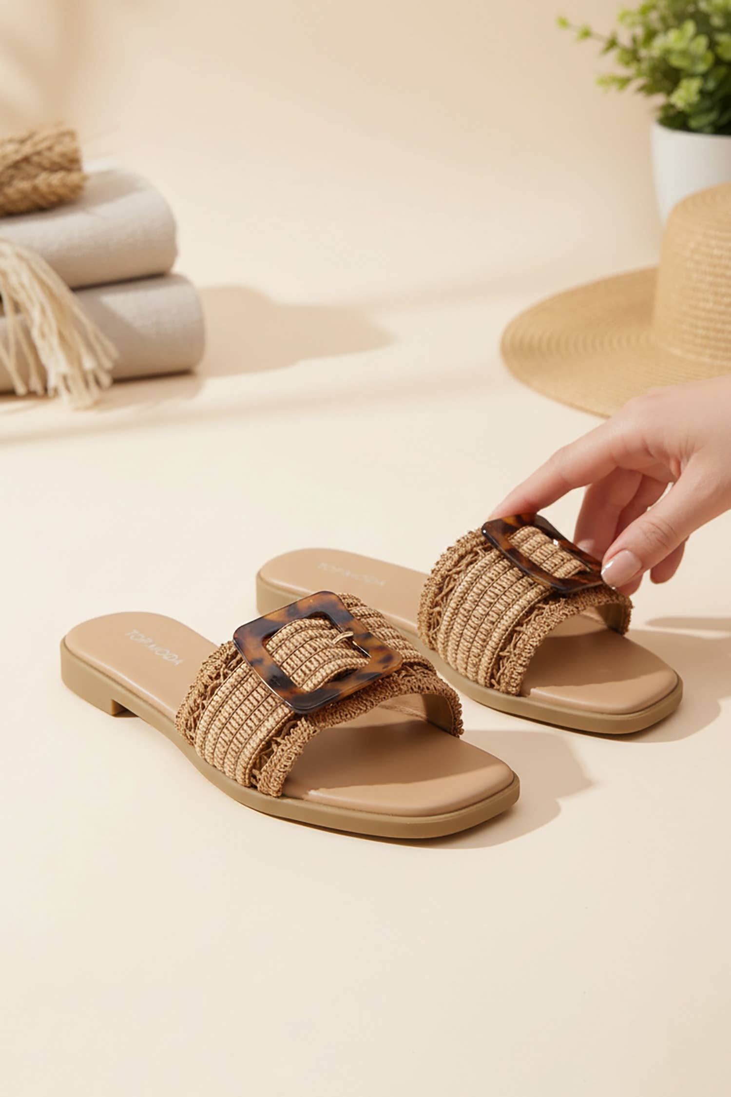 Raffia Buckle Slide Sandals